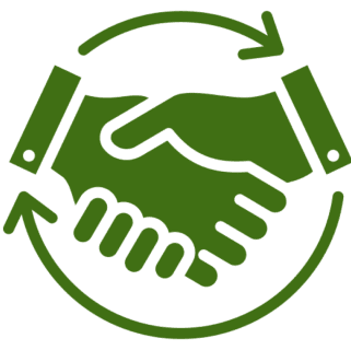 Green handshake with circular arrows symbol.