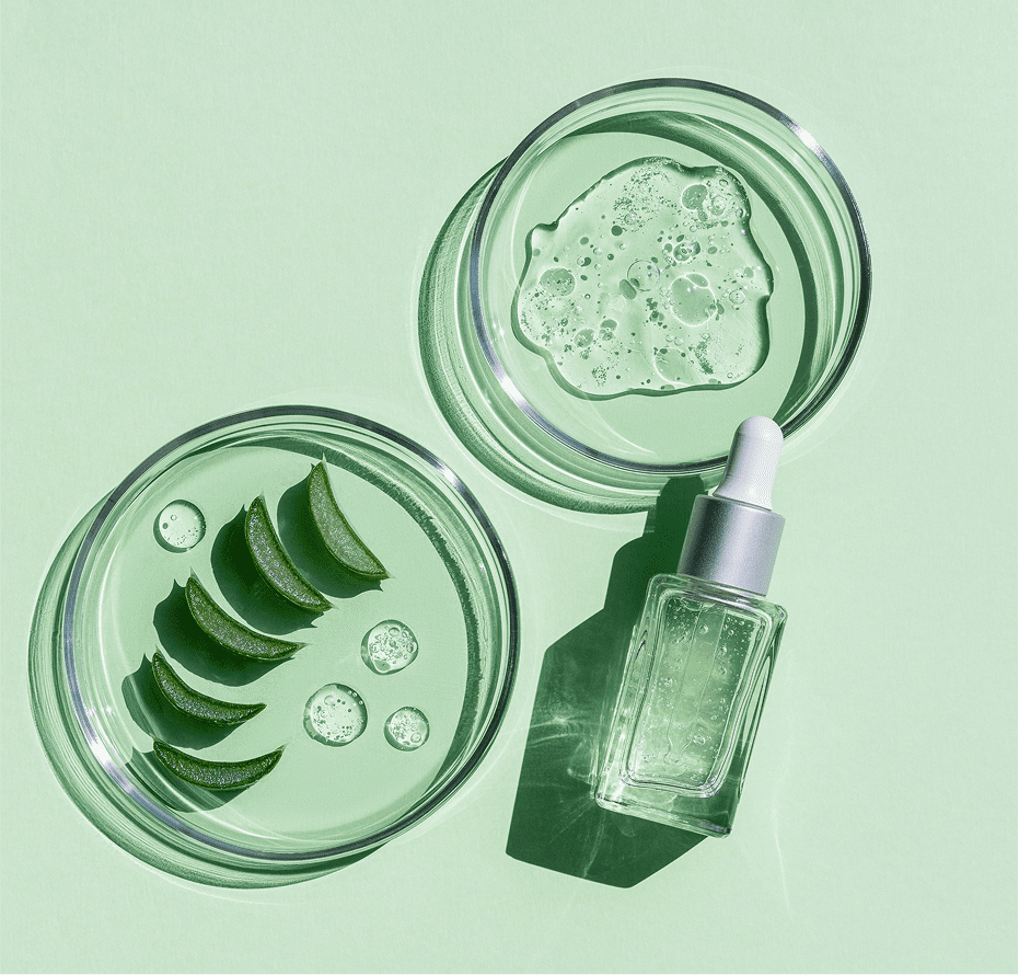 Skincare products and aloe slices on green.