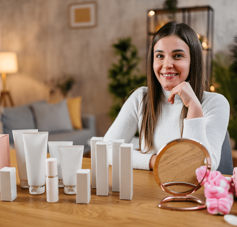 Woman smiling near skincare products on table.